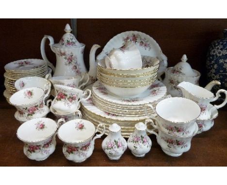 Royal Albert Lavender Rose tea and coffee service comprising tea and coffee pot, sugar bowl, jug, six large plates, six side 