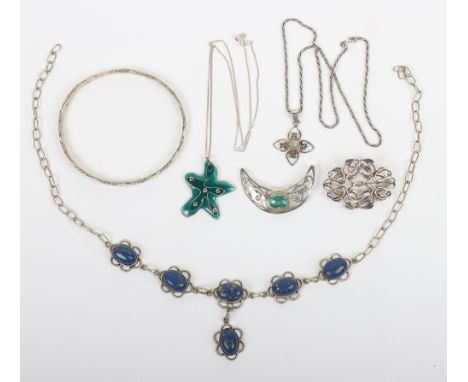 A selection of silver jewellery, including bangle, Celtic brooch, hardstone cabochon bracelet, etc, total weight 60.9g, (qty)
