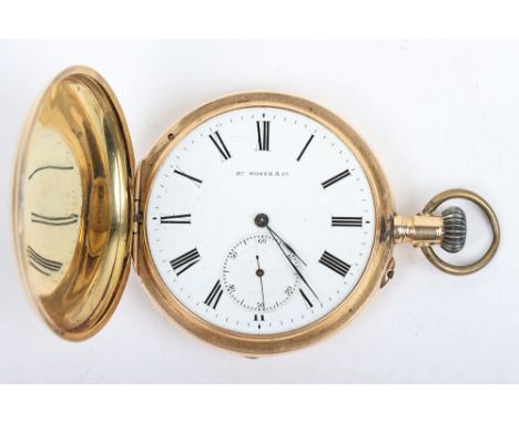 A 14ct full hunter pocket watch, the dial marked Hy. Moser & Ce, white enamel dial with Roman numerals and subsidiary second 
