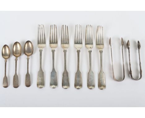 Miscellaneous silver flatware, including a set of six Victorian forks, Birmingham 1848, two sets of silver tongs, and three s