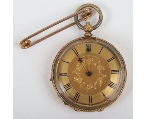 A ladies 18ct gold fob watch, the inner dust cover not marked 18ct, 37mm, with an unmarked gold pin, total 35.4g