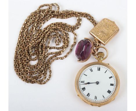 A ladies 18ct gold fob watch, the outer and inner cover both marked 18ct, 35mm, 33.11g, with a 9ct gold chain with 9ct locket