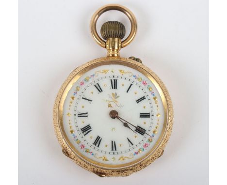 A ladies 18ct gold fob watch, the inner dust cover not gold, 35mm, 33.16g