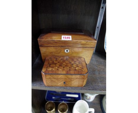 A 19th century rosewood sarcophagus tea caddy, 19cm wide; together with another smaller 19th century parquetry casket. 