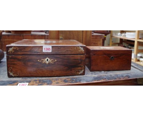 A Victorian rosewood and inlaid workbox, 30cm wide; together with a Victorian rosewood tea caddy; and a letterbox. 