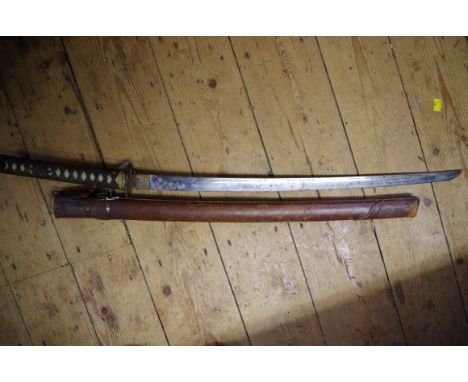 A Japanese shin gunto katana, the tang signed, with leather scabbard. 