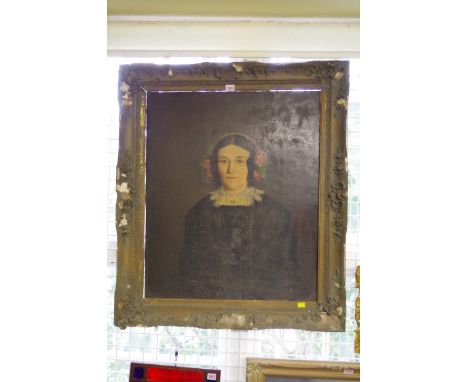 British School, 19th century bust length portrait of a lady with a floral bonnet, oil on board, 75 x 62.5cm. 