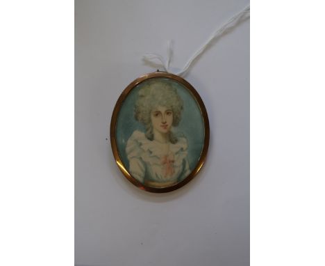 English School, bust length portrait miniature of a Georgian lady, on ivory, 6.7 x 5.5cm oval. 