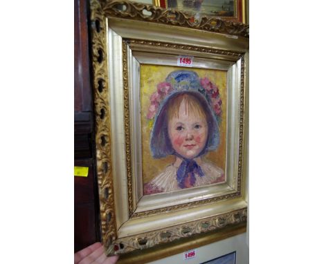 Peggy Bignal-Pratt, head and shoulder portrait of a young girl in floral bonnet, signed, oil on board, 24 x 19cm. 