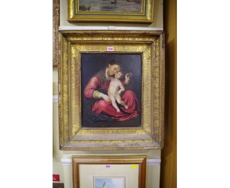 Continental School, 18th/19th century, Madonna and child, oil on chamfered mahogany panel, 37 x 30cm. 