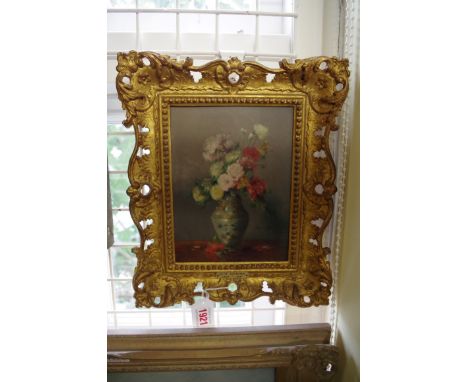 H Merton,&nbsp;still life of flowers in a vase, signed, oil on panel, 20 x 15cm. 