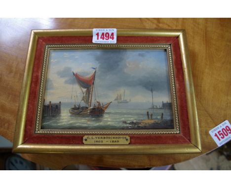 C L Verboeckhoven, a Dutch sailing barge, signed, oil on chamfered wood panel, 10.5 x 15.5cm. 