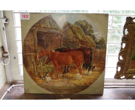Follower of J F Herring Jnr, horse and fowl in a farmyard, bears signature, oil on oak panel, 30 x 30.5cm, unframed. 