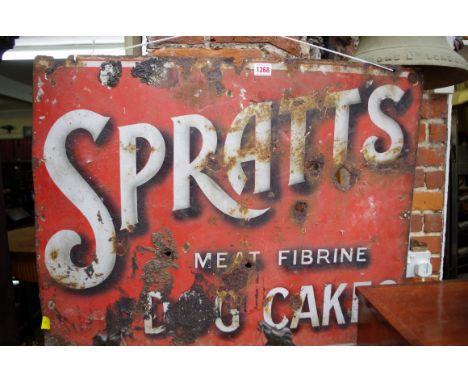 Two vintage enamel advertising signs, the first inscribed 'Spratt's, Meat Fibrine Dog Cakes', 59.5 x 75cm; the second 'Pratt'