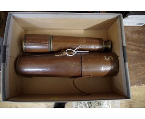 A WWII period leather cased lacquered brass three drawer telescope, inscribed and stamped with war arrow, 80cm extended.&nbsp