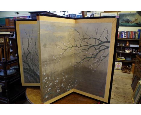 A Japanese four panel folding screen, painted with 'The Nightingale and the Plum Blossom' by Haruki Sakuraba, 91cm high x 176