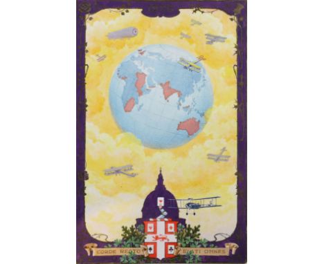 A Playing Card Illustration depicting First World War Aircraft Around a Globe with St Paul's below, dated 1926, watercolour o