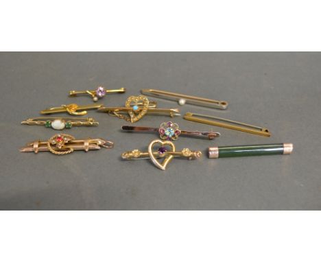 A 9ct Gold Ruby and Pearl Set Bar Brooch, together with six other similar bar brooches and three tie clips