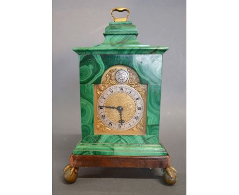 Asprey of London, A 19th Century Green Malachite Cased Mantle Clock, the brass dial with silvered chapter ring and Roman and 