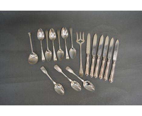 A Set of Six George III Silver Teaspoons, together with three other fiddle pattern teaspoons, a silver apostle spoon, a silve