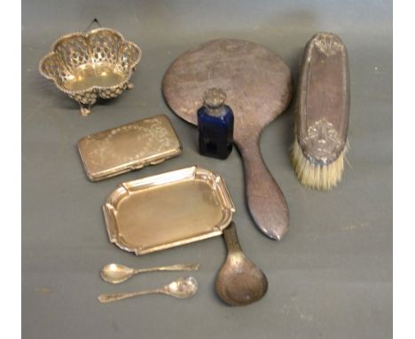 A Birmingham Silver Small Pin Tray, together with a Birmingham silver cigarette case, a small silver bowl, a Georgian caddy s