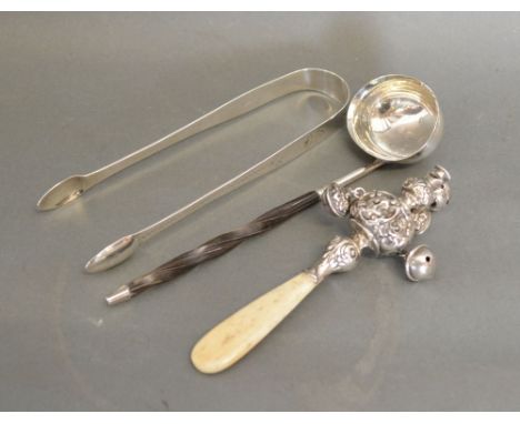 A Pair of Georgian Silver Bright Cut Sugar Tongs and a Georgian Silver Toddy Ladle with Horn Handle, and a silver baby's ratt