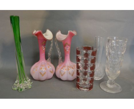 A Pair of Victorian Opaque Glass Jugs, together with a red flash glass vase and three other glass vases