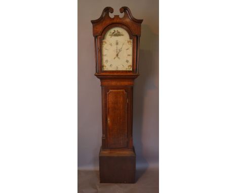 A George III Oak and Mahogany Long Case Clock, the arched hood with swan neck pediment with reeded uprights above a rectangul