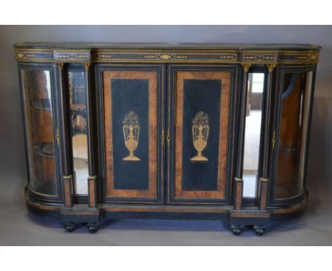 A Victorian Burr Walnut Ebonised Marquetry Inlaid and Gilt Metal Mounted Credenza Cabinet, the crossbanded top above an inlai