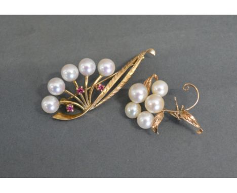 A 14ct Gold Pearl and Ruby Set Brooch of Spray Form together with another similar pearl set brooch