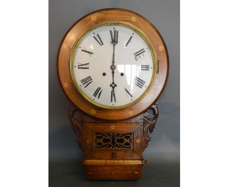 A 19th Century Walnut Marquetry Inlaid Drop Dial Wall Clock, the enamel dial with Roman numerals and two train movement, 70 c