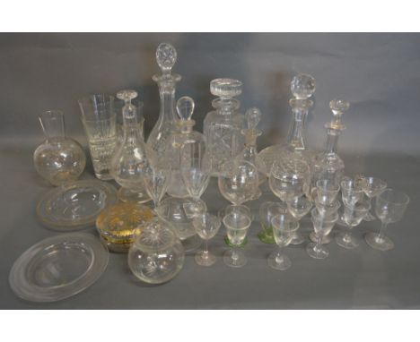 A 19th Century Cut Glass Decanter with Stopper, together with a collection of other glassware to include decanters and drinki