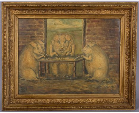 Pigs playing cards, caricature oil on board, signed with monogram, 33cm x 44cm, framed and glazedGood condition, no damage or