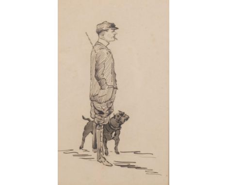 Attributed to Alfred Munnings (1878 - 1959), gentleman and dog, pen and ink sketch, unsigned, 25cm x 15cm, handwritten letter