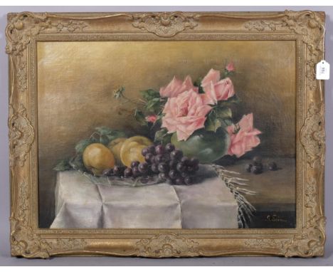 G Seim, still life fruit and flowers, oil on canvas, signed, 48cm x 66cm, framed1 small patch repair not visible from the fro