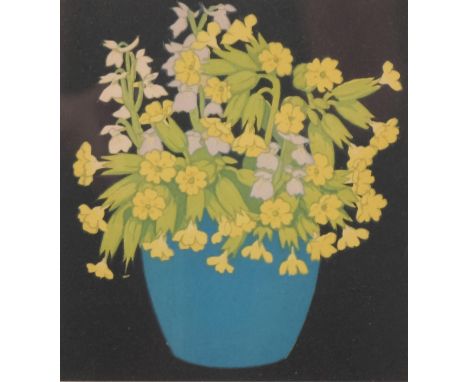 John Paul Thorpe, vase of flowers IV, colour woodcut print, signed in pencil, image 16cm x 15cm, framedEven paper discolourat