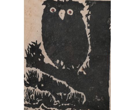 Iwao Akiyama (1921 - 2014), owl on a branch, woodcut print, signed in pencil, sheet 59cm x 45cm, framedSome foxing, creasing 