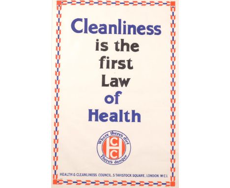 Original 1930’s Health Education Poster, Cleanliness is the First Law of Health, 75cm x 50cm, mounted, framed and glazed. Pri