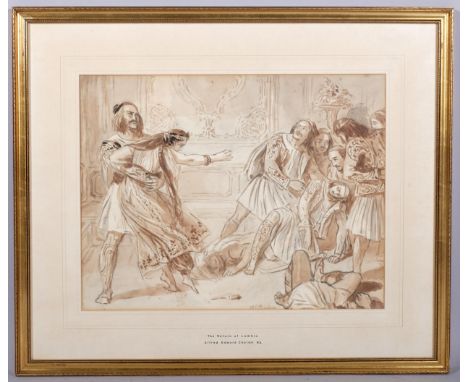 Alfred Edward Chalon RA, the return of Lambro, sepia watercolour sketch, signed, 33cm x 44cm, framedSome light foxing along t