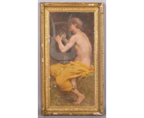 Classical figure playing a harp, 19th century oil on canvas laid on board, unsigned, 72cm x 34cm, framedPrevious horizontal t