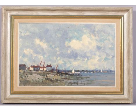 John Neale, yacht entering Heybridge Basin Essex, oil on board, signed with Frost &amp; Reid label verso, 30cm x 45cm, framed