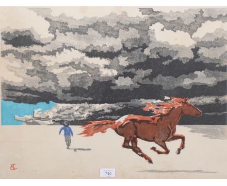 Endo, horse and child, colour woodcut print, signed in pencil 1971, no. 6/10, sheet 45cm x 62cm, framedLight foxing, some dam