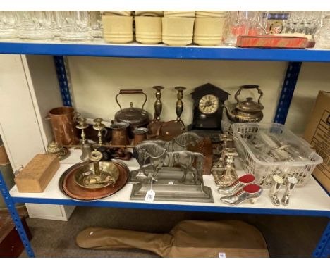 Collection of metalwares including cutlery, candle holders, door stops, inlaid box, pipes, mantel clock, etc.