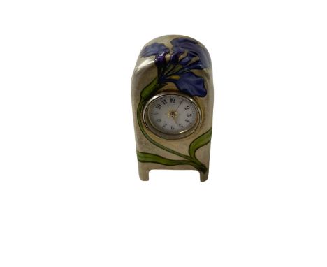 Good Continental silver and enamel Boudoir clock decorated with iris on matt finish ground, 5.5cm.