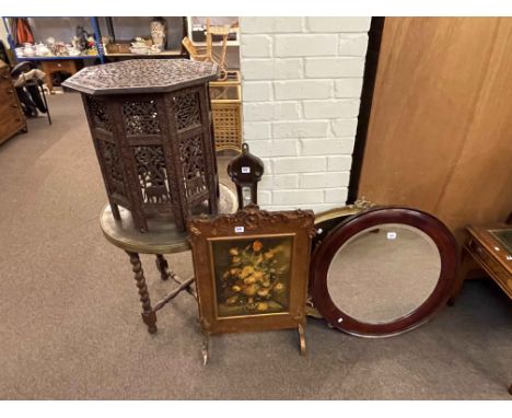 Indian carved octagonal occasional table, circular brass topped coffee table, oak barometer, firescreen and five wall mirrors