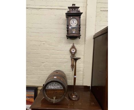 Victorian wall clock, fretwork barometer, oak brandy barrel and stand and smokers stand (4).