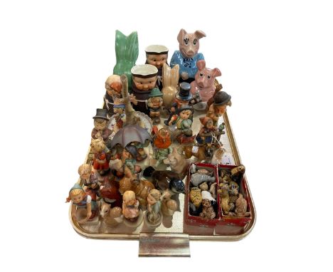 Tray lot with Hummel figures, Wade Whimsies, etc.