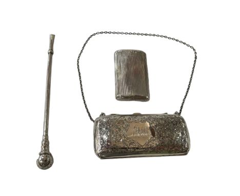 Edwardian silver purse with overall engraved foliage, Birmingham 1909, Dutch silver snuff box, and cocktail stick? (3).