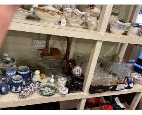 Collection of early porcelain, glass, figurines, books, mantel clock, etc.