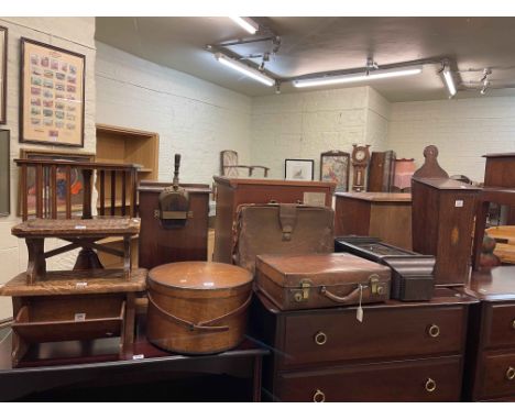 Two carved stools, book trough, hat box, leather attaché and brief cases, oak wall clock and oak candle box (8).